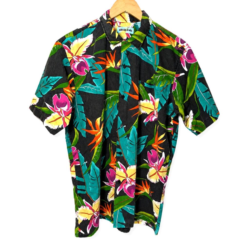 Vintage 90s Life Trends Hawaiian Aloha Shirt Tropical Floral Black Men's Large